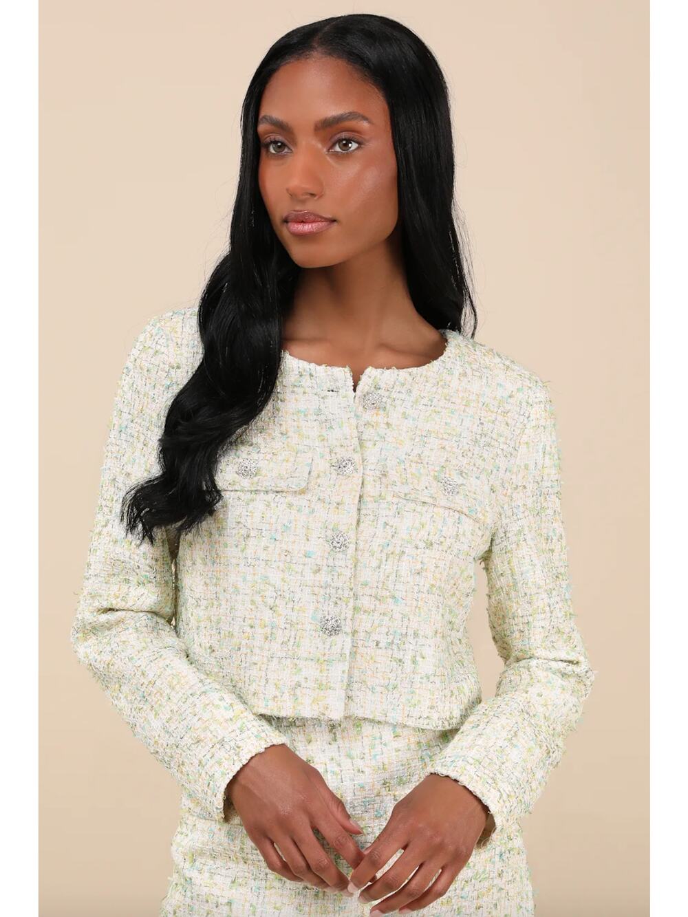 NEW Lulus Carlena Green Tweed Rhinestone Button-Front Blazer Size XL Twee Preppy